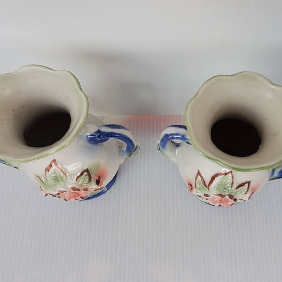 2 Vintage Floral Vases Lusterware Ornate trophy Brazil Blush Mint Blue 5" Pair - Picture 4 of 10